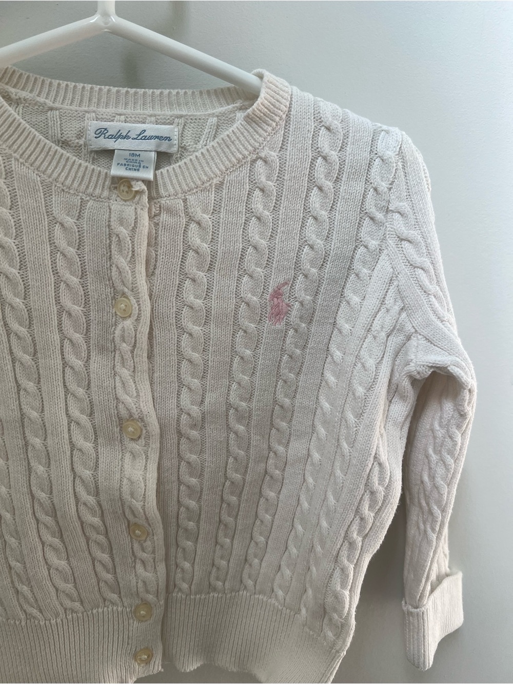 Ralph Lauren Cream Cable-Knit Cardigan with Pink Pony